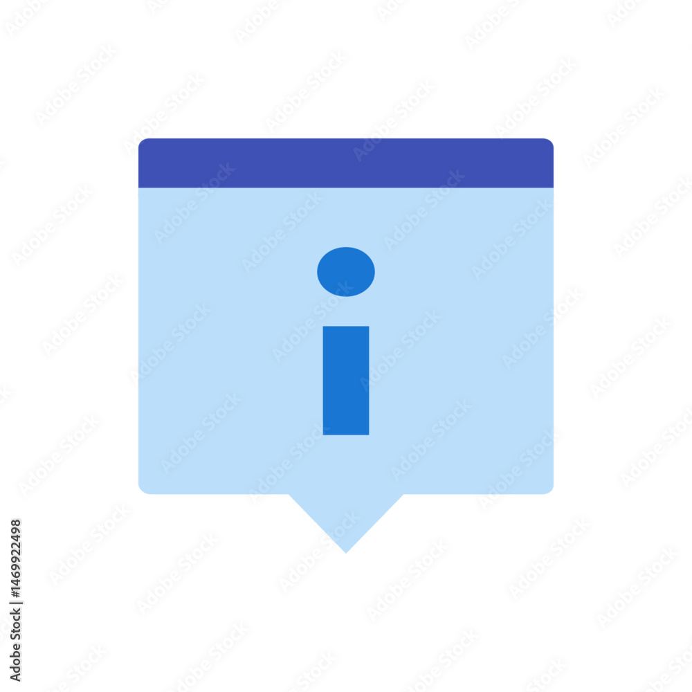 Poster blue information icon with a speech bubble shape and a dark blue top border and exclamation point de