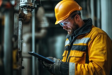 Industrial worker using tablet in a large facility.