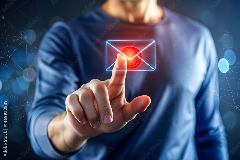 Poster man interacting with digital email notification interface
