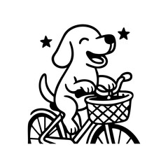 A joyful dog with ears flying, riding in the front basket of a bike, tongue out, enjoying the breeze.