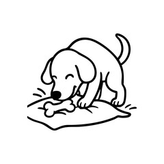 A dog pawing at a carpet or cushion with a toy nearby, looking determined yet playful.