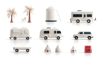 White Caravan and Camping Equipment Set, Tropical Escape, Minimalist 3D Render