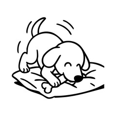 A dog pawing at a carpet or cushion with a toy nearby, looking determined yet playful.