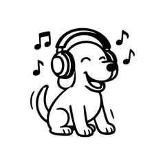 A dog with oversized headphones, eyes closed, and tail swaying to imaginary tunes.