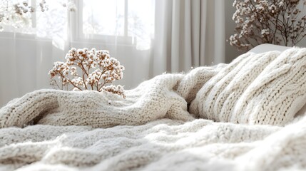 Cozy winter bedroom scene with knitted textiles.