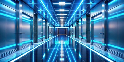Fototapeta premium Futuristic Corridor with Neon Blue Lighting and Sleek Metal Doors Reflecting in Polished Floor