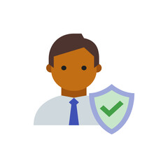 Illustration of a man in a shirt and tie standing next to a shield with a check mark on it icon art