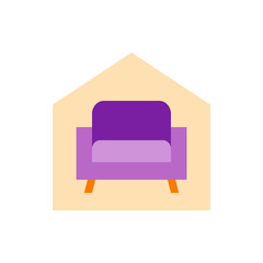 Illustration of a purple couch inside a house shape with a light yellow color scheme and orange legs