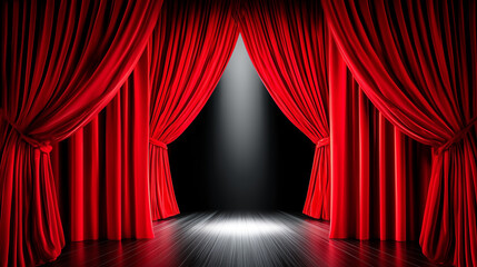 Dramatic red stage curtains opening to spotlight on empty theater floor symbolizing performance and anticipation