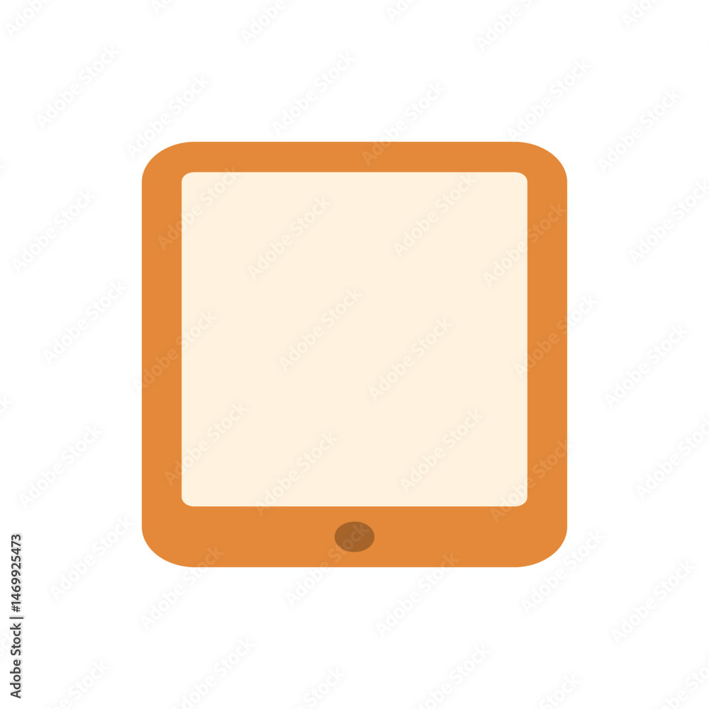 Poster illustration of a tablet device with an orange frame and a cream colored screen and a single button 