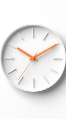 White Round Wall Clock with Orange Hands on White Background