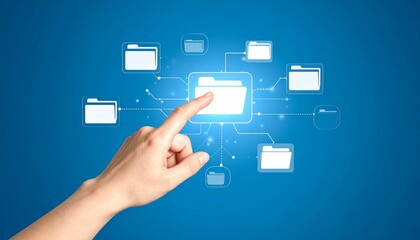 Hand interacting with digital folder icon and documents on blue background.