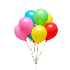 Colorful balloons of various shades floating together with ribbons on a transparent background