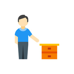 Illustration of a person standing next to a small orange cabinet with a yellow top on a white background