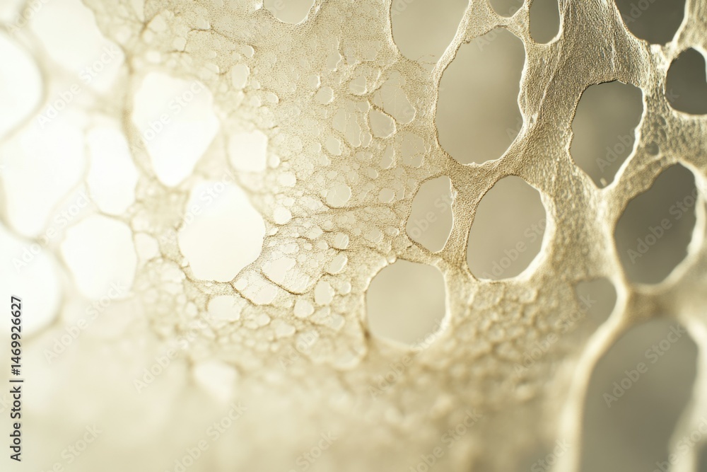 Poster close-up of a delicate, translucent, beige membrane with a network of holes and a web-like structure