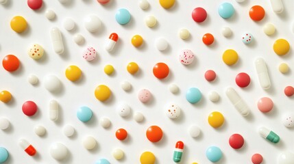 Flatlay image of mixed pills capsules and tablets in various colors arranged randomly on white background representing healthcare medication therapy and pharmacy overdose concept,
