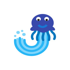 Illustration of a blue jellyfish with a smiling face swimming through a blue striped wave formation and bubbles