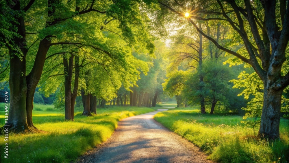 Poster sunlit pathway through verdant canopy, illuminating a serene nature scene with golden rays of dawn