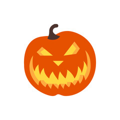 An illustration of an orange halloween pumpkin with a scary face and a brown stem on a white background