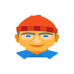 Illustration of a man with glasses, wearing an orange beanie and a blue shirt, against a white background