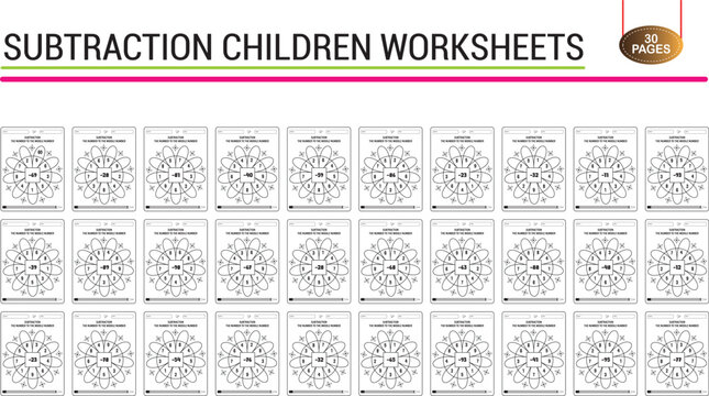Subtraction editable vector math worksheet for children