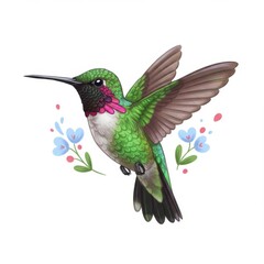 Fototapeta premium Vibrant Green Hummingbird with Pink Accents Flying Amidst Blue Flowers