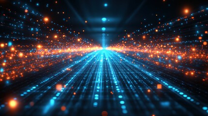 Fototapeta premium Digital pathway illuminated by glowing particles. A futuristic tunnel, brightly lit, with orange and blue light dots. Particles stream along a central axis