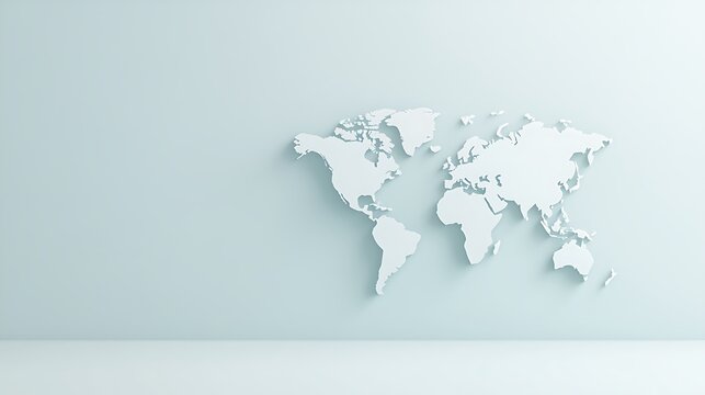 3D World Map with Raised Continents on a Light Blue Wall
