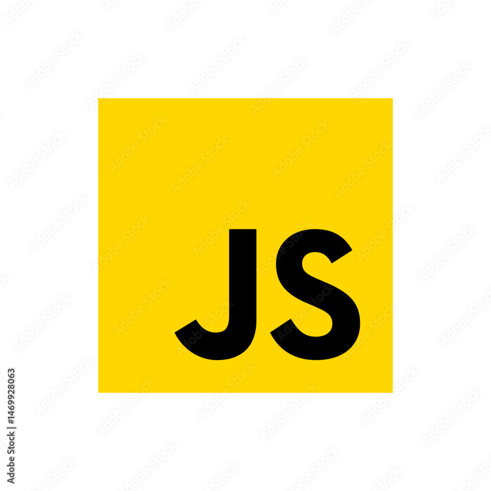 Poster illustration of the javascript logo with black js text on a yellow square background in a simple sty