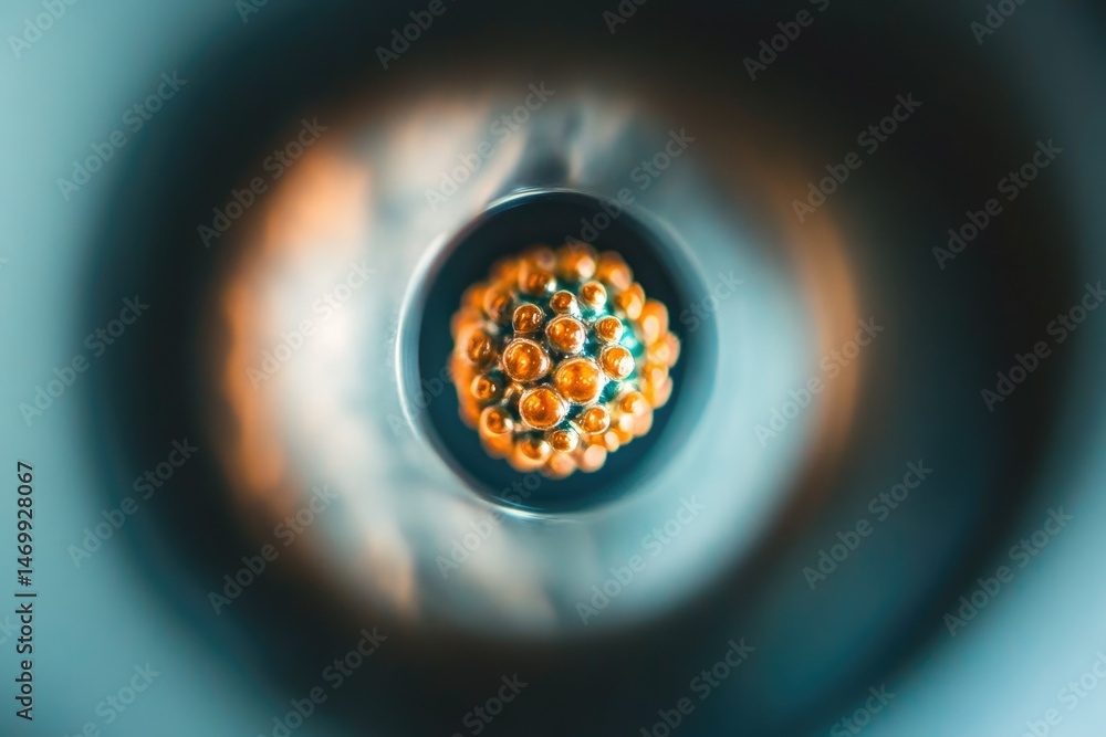 Poster a close-up view reveals a spherical object resembling a virus or intricate artwork, captured from wi