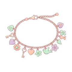 Pastel Pink Charm Bracelet with Heart and Flower Design