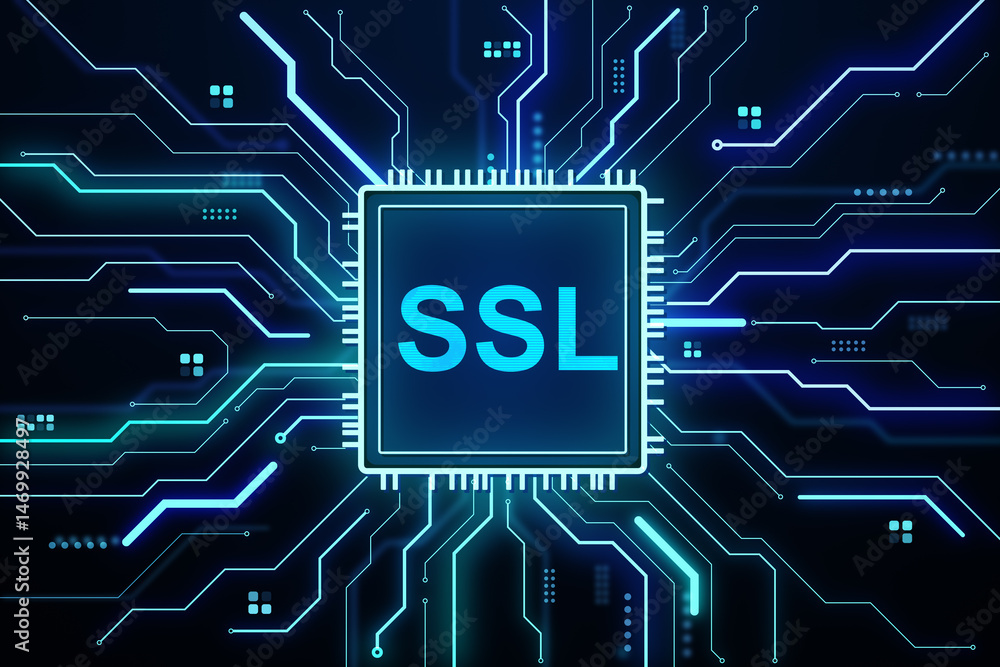 Leinwandbilder SSL encryption chip concept with glowing digital circuit lines on dark tech background, representing secure internet communication technology. 3D Rendering