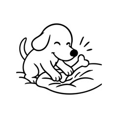 A dog pawing at a carpet or cushion with a toy nearby, looking determined yet playful.