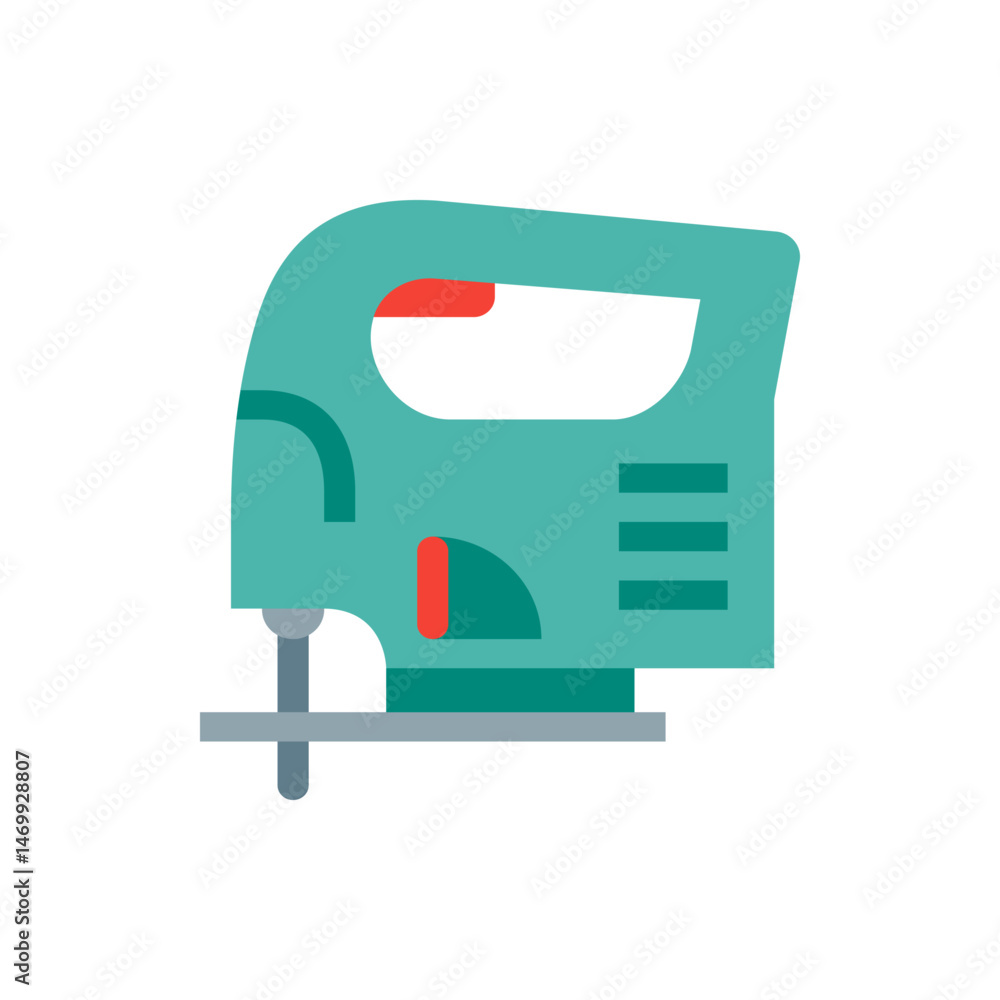 Poster illustration of a teal jigsaw tool with a red button and a gray base on a white background surface