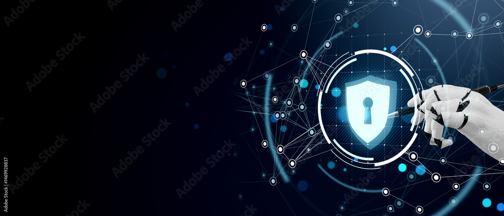 Poster Cybersecurity shield icon with robotic hand on digital network mesh background for data protection and secure online systems concept banner. 3D Rendering