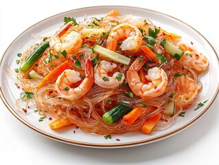 A delectable glass noodle salad with succulent shrimp, vibrant carrots, refreshing cucumbers, and aromatic parsley is plated beautifully for a delicious meal.