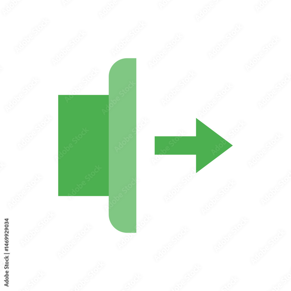 Poster green exit icon with a square and rounded rectangle leading to a right arrow on a white background s
