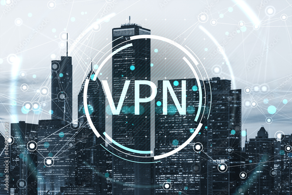 Aufkleber vpn cybersecurity concept over modern cityscape with digital network connections and light abstract 