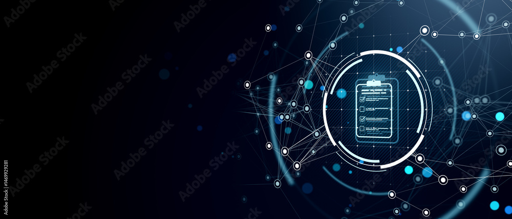 Fototapete Digital interface with checklist icon on glowing tech network background for modern UI design and technology system template concept. 3D Rendering