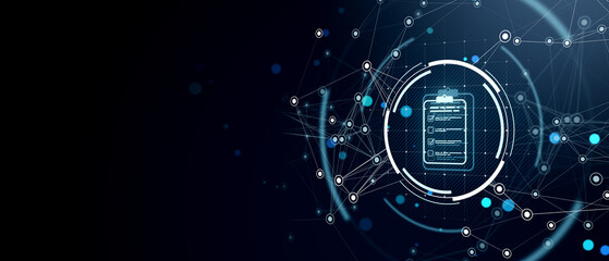 Digital interface with checklist icon on glowing tech network background for modern UI design and technology system template concept. 3D Rendering