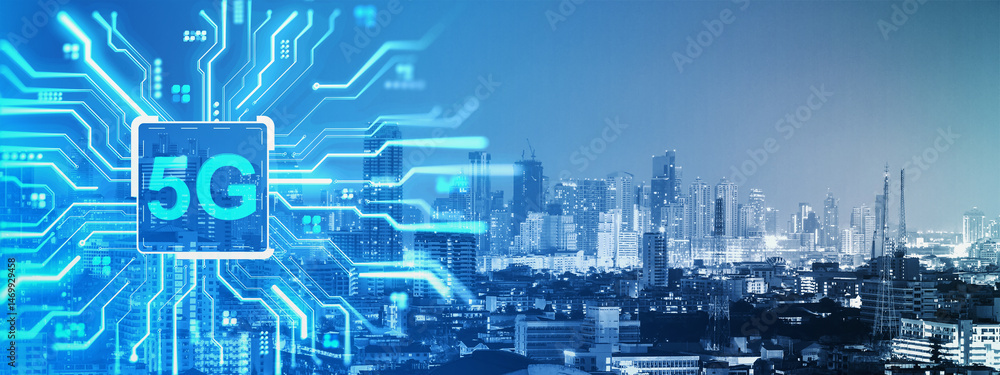 Poster 5G network technology concept with glowing circuit lines connected to a digital chip over a modern city skyline at night, symbolizing fast online connectivity.