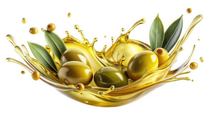 A vibrant splash of olive oil surrounds fresh green olives and leaves, creating a dynamic and appetizing scene with rich golden hues.
