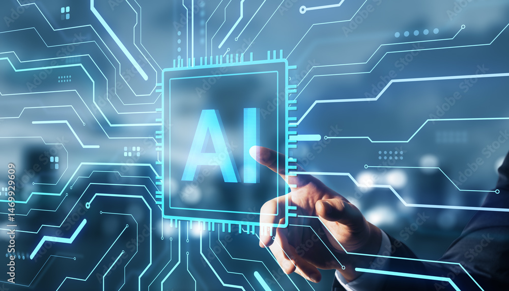 Poster Business person interacting with glowing AI chip interface on futuristic digital circuit background representing artificial intelligence technology.