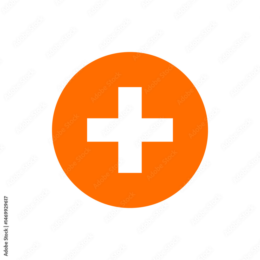 Poster an orange circle containing a white plus sign centered within it on a white background in a simple d