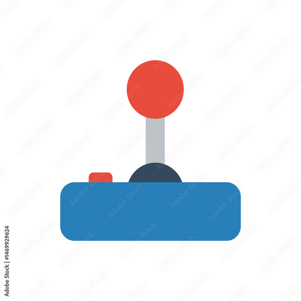 Poster illustration of a blue video game controller with a red joystick and a small red button design icon