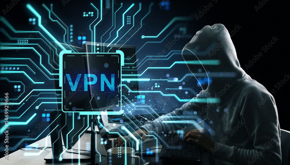Leinwandbilder Hacker using VPN on computer surrounded by digital circuits and glowing data lines on dark background in cyber security concept scene..