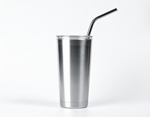 Stainless Steel Tumbler With Straw On White Background