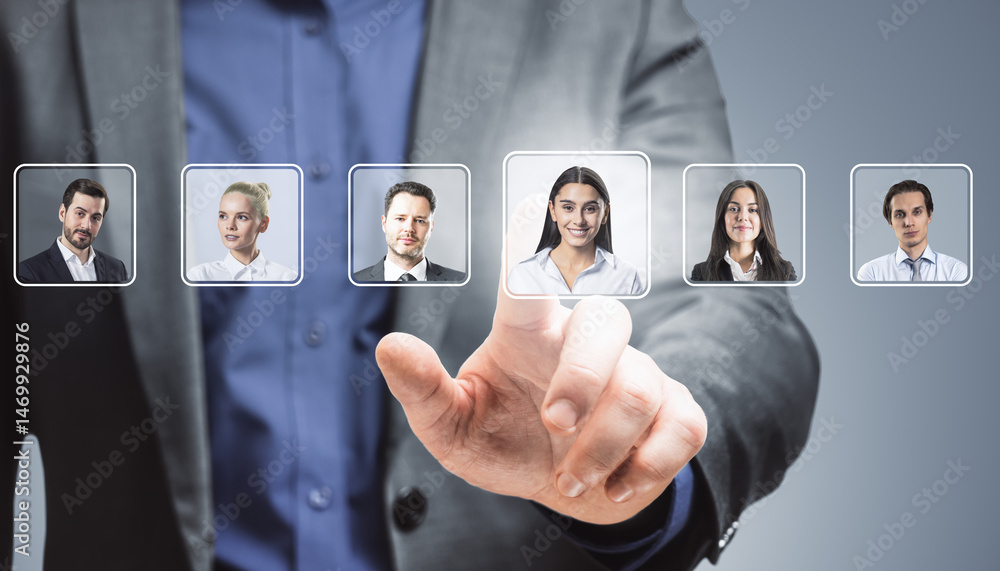 Poster businessman selecting person from digital interface with candidate portraits on light abstract backg