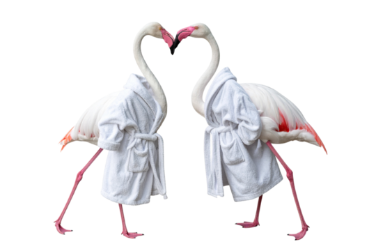  2 White flamingo defeats plush bathrobe, isolated on a transparent background.