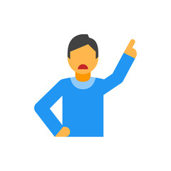 Illustration of a person with an open mouth pointing up with their right hand on a white background